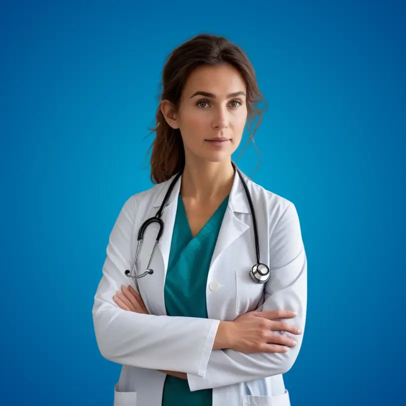 Infirmière qualifiée avec stéthoscope, prête à offrir des soins à domicile pour seniors.